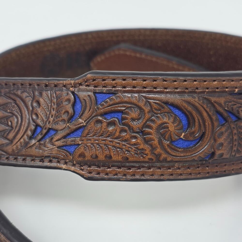 VTG Hooey Tooled Leather Western Belt Mens 32 Brown Cowboy Floral Blue inlay